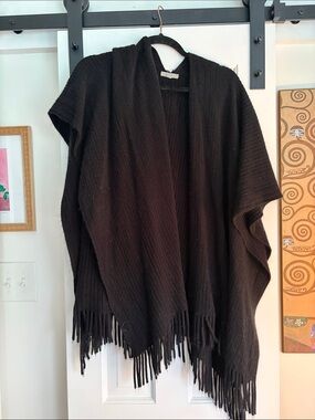 LOFT Black Fringe Open-Front Poncho